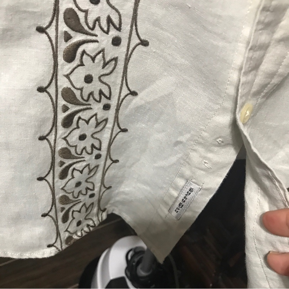 FineLINEN lucky Brand Cream and Brown Casual Button Down Shirt with Embroidery - Picture 3 of 6